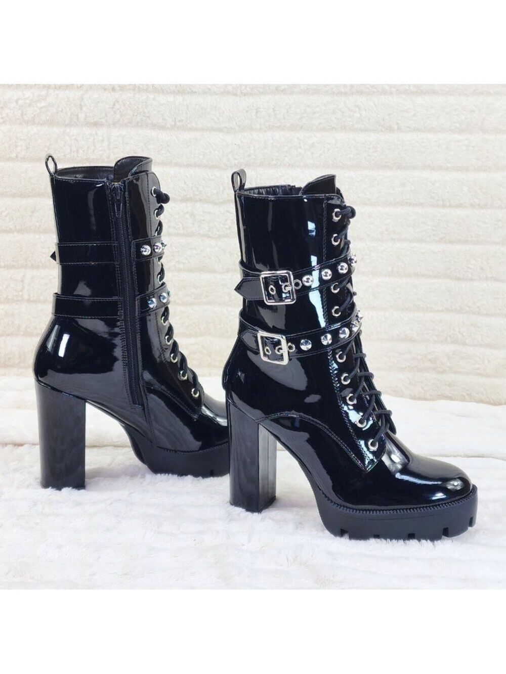 Shiney Black Patent Lug Sole Studded Strap Ankle Boots Temptress